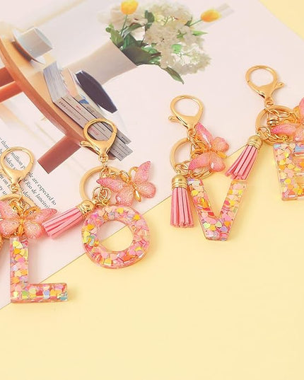 Fashion Alphabet Initial Letter Keychain Tassel Butterfly Pendant Key Ring for Purse Handbags Women Girl