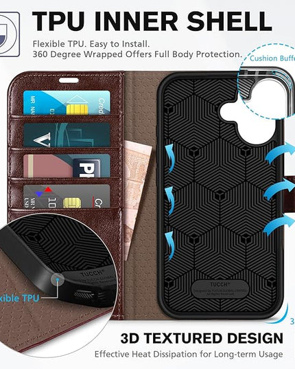 TUCCH Case Wallet for iPhone 16, Magnetic PU Leather Kickstand Flip Cover with 4 Card Slot Shockproof TPU Interior Shell, [RFID Blocking] Folio Case Compatible with iPhone 16 5G, Chocolate Brown
