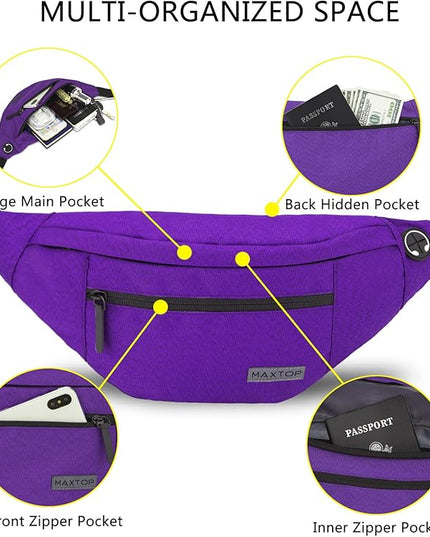 MAXTOP Large Crossbody Fanny Pack with 4-Zipper Pockets,Gifts for Enjoy Sports Festival Workout Traveling Running Casual Hands-Free Wallets Waist Pack Phone Bag Carrying All Phones