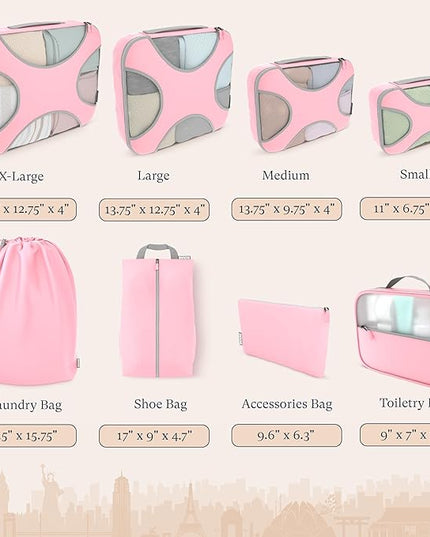 Shacke Premium 8 Packing Cubes Set - Lightweight Mesh Travel Luggage Organizers with Laundry Bag, 8-Piece Suitcase Storage System (Summer Pink)