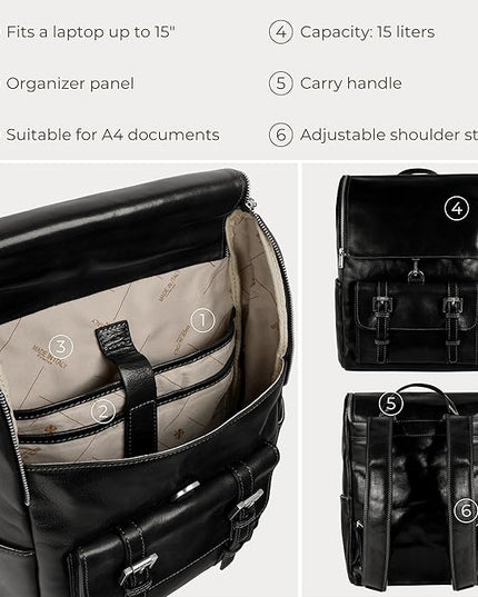 Time Resistance Leather Backpack - Laptop Travel Bag Rucksack up to 15” - Bag for Men and Women (Black)