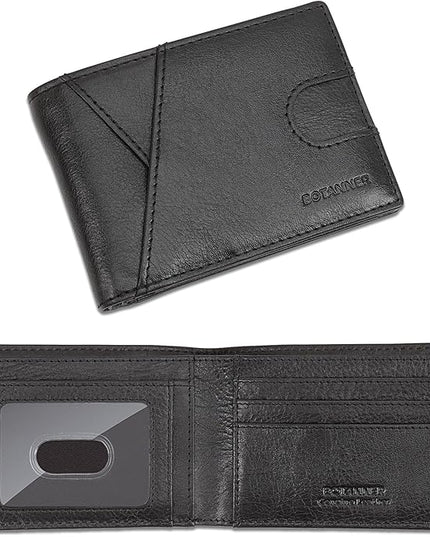 BOTANNER Genuine Leather Mens Bifold Wallet RFID Blocking 7 Credit Card Slots 1 ID Window 1 Section for Bills 2 Additional Slots | Jet black