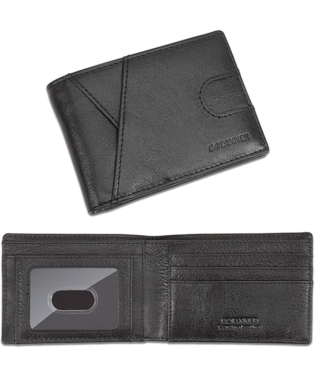 BOTANNER Genuine Leather Mens Bifold Wallet RFID Blocking 7 Credit Card Slots 1 ID Window 1 Section for Bills 2 Additional Slots | Jet black