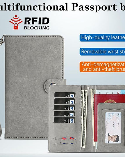 Passport Holder for Travel Essentials, RFID Blocking PU Leather Wallet Cover with Wristlet Strap Magnetic Closure Passport Book Holders Case for Women and Men, Grey