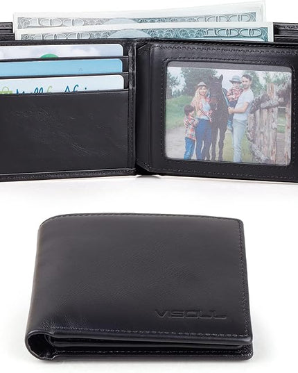 VISOUL Leather Mens Bifold RFID Blocking Wallet with 2 ID Windows, Leather Wallet for Men (Leather, Black)