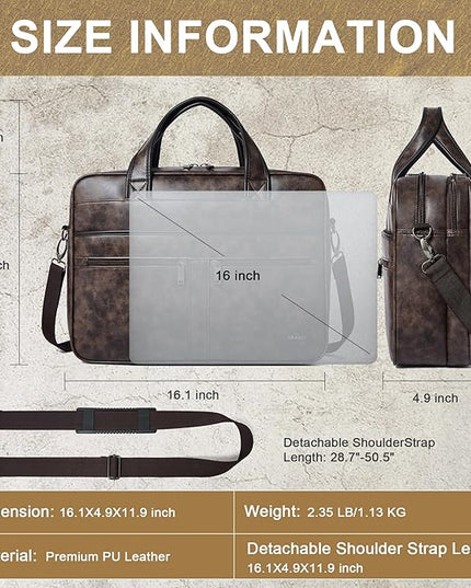 Shrrie Leather Messenger Bag for Men&Women 16 inch Laptop Bag,Water-Resistant Retro Leather Briefcase for Men Business,Work