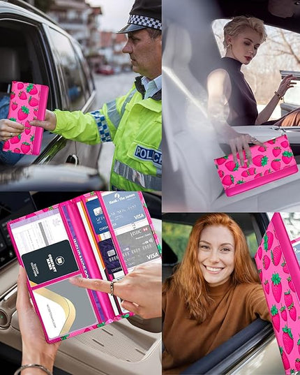 Car Registration and Insurance Holder with Magnetic Closure, Universal Document Organizer for License, Insurance Cards & Glove Box Storage (Strawberry-Hot Pink)