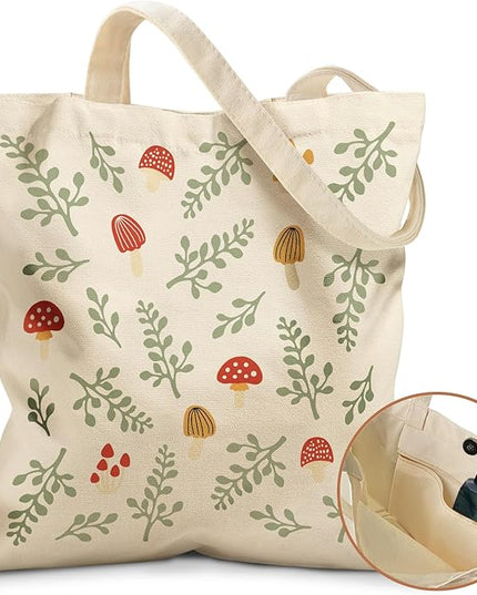 Aesthetic Tote Bag for Girls - with Magnetic Buckle and Zipper Inner Pocket for Women Lady Canvas Cotton Tote Bag