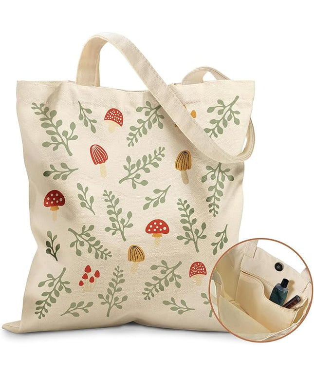 Aesthetic Tote Bag for Girls - with Magnetic Buckle and Zipper Inner Pocket for Women Lady Canvas Cotton Tote Bag