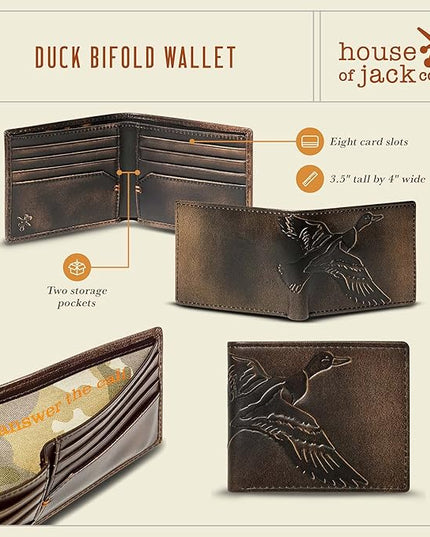 House of Jack Co. Duck Slim Bifold Wallet for Men and Outdoorsmen, Camou Lining, Full Grain Cowhide Leather Wallet, Black