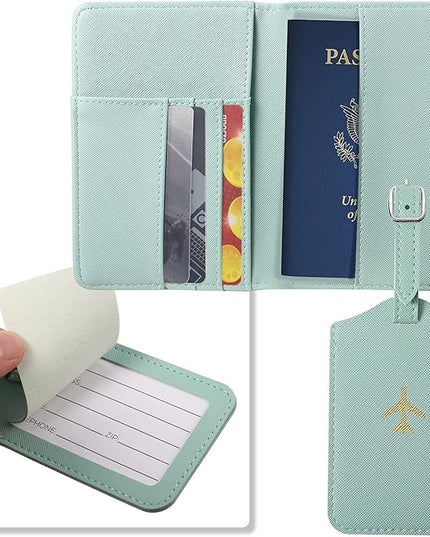Weewooday 2 Set Mr and Mrs Passport Covers Holder and Luggage Tags Cute Leather Wallets Holder Travel Luggage Tags for Women Men Gift(Pink, Green)