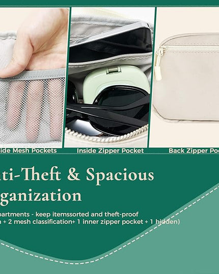 Anti-Theft Fanny Pack for Women & Men, Lightweight Secure Crossbody Waist Bag with Anti-Slip Adjustable Strap for Travel, Hiking, Running, Water-Resistant Belt Bag, Everyday Essentials Organizer Beige