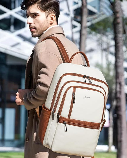 Shrrie 17 inch Leather Laptop Backpack for Women, Large Travel Backpack with 6 Compartments, Computer Backpack Purse for Work College