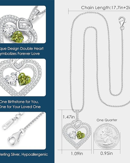 LOUISA SECRET Sparkling Double Heart Birthstone Necklaces for Women, 925 Sterling Silver Fine Jewelry, Pendant Heart Necklaces Birthday Anniversary Christmas Gift for Women Wife Mom Girlfriend Lady