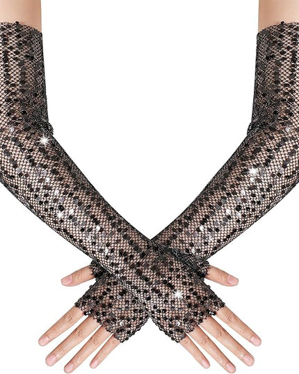 BABEYOND Opera Gloves for Women - Long Fingerless Sequin Sparkling Glitter Gloves Tea Party Stretchy Adult Size Elbow Length