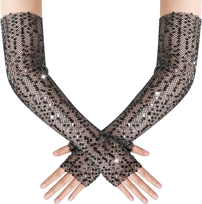 BABEYOND Opera Gloves for Women - Long Fingerless Sequin Sparkling Glitter Gloves Tea Party Stretchy Adult Size Elbow Length