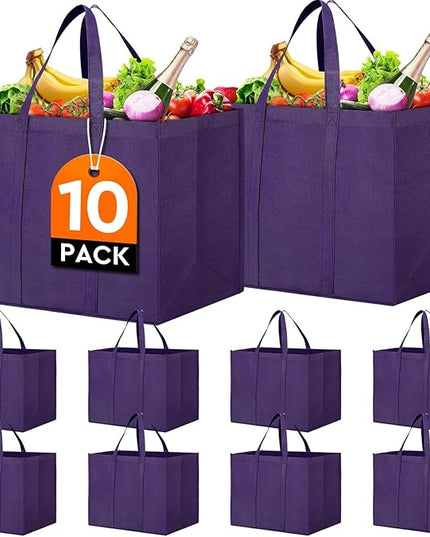 WISELIFE Reusable Grocery Shopping Bags 10 Pack Large Foldable Tote Bags Bulk, Eco Produce Bags with Long Handle for Shopping Groceries Clothes (Purple)