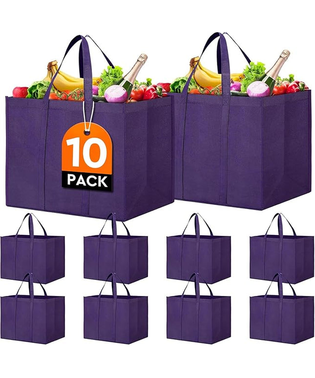 WISELIFE Reusable Grocery Shopping Bags 10 Pack Large Foldable Tote Bags Bulk, Eco Produce Bags with Long Handle for Shopping Groceries Clothes (Purple)