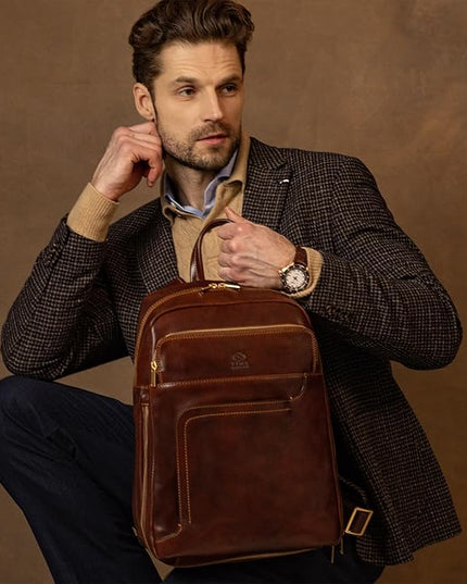 Time Resistance Leather Business Backpack - Laptop and A4 Portfolio Bag - Travel Bag Rucksack (Brown)
