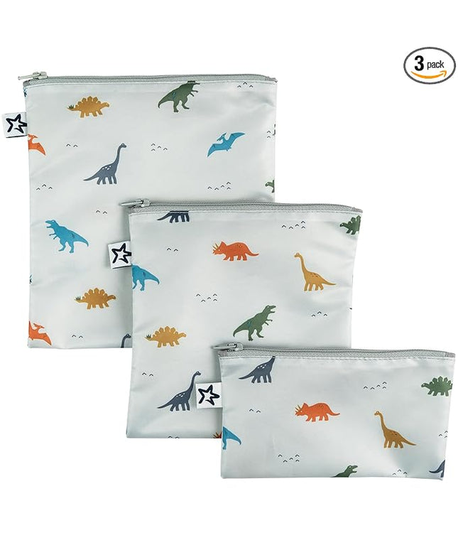 Tiny Twinkle Reusable Snack Bags for Kids – 3 Pack Snack Pouches & Sandwich Bag for Toddlers – Machine Washable, Mess-Proof for Lunch & Travel (Dinosaur)