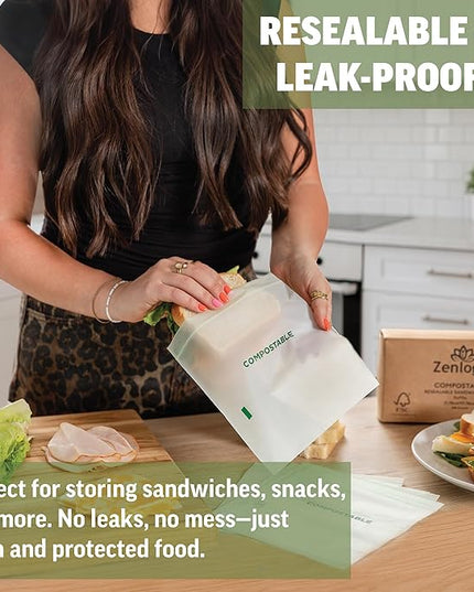 Zenlogy Compostable Sandwich Bag (7" x 7"), Resealable Food Storage Bags, Biodegradable & Freezer Safe Baggies, Organic Eco-Friendly Storage Container, 100 Pack