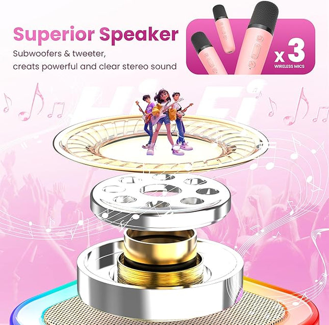 Mini Karaoke Machine for Kids Adults, Portable Bluetooth Speaker with 3 Wireless Karaoke Mics,2026 TOP Birthday Gifts Toys for Girls 3,5, 6,8+Years Old Karaoke Player Valentine(Light Pink 3 Mics)