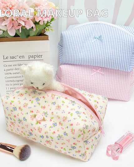 PAZIMIIK Cozy Makeup Bag Travel Cosmetic Bag for Women Soft Toiletry Bag Aesthetic Makeup Organizer Portable Large Zipper Pouch for Skincare Beauty Accessories Brushes Ribbing Floral Beige