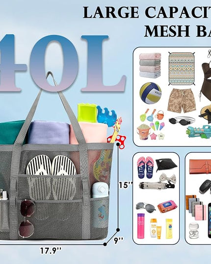 Mesh Beach Bag, Large Beach Tote with Zipper Pocket, Toys Pool Bag for Family Travel Vacation Cruise Essentials