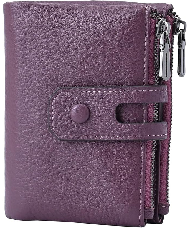 Bveyzi Small Soft Leather Wallet for Women RFID Blocking Ladies Card Holder with Double Zipper Pocket
