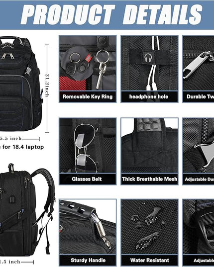 18.4 Inch Laptop Backpack,Extra Large Travel Backpack with USB Charger Port for Men Women,60L Big Capacity Heavy Duty Computer Bag TSA Friendly RFID Anti Theft Pocket Backbag,21.2*15.5*11.5 inch Blue