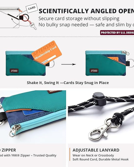 RFID Travel Wallet with Adjustable Lanyard-Zipper Small Wallet with ID Card Holder, Keychain for women&men-Minimalist Slim Waterproof Nylon case for ID, Cash, Key (Turquoise+Navy)