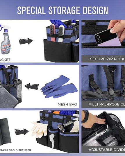 Wearable Cleaning Caddy, Cleaning Caddy Supplies Organizer with Handle & Shoulder Straps for Housekeepers, Under Sink & Car Cleaning Tool Organizers Bag with 4 Foldable Divider (CeruleanBlue)