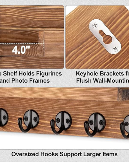Lwenki Key Holder Wall Mount, Entryway Key and Mail Holder with 7 Sturdy Hooks for Sunglasses, Dog Leash, Decorative Wall Shelf with Mounting Hardware, 15”W x 6.7”H x 4.2”D