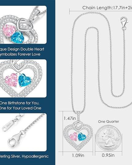 LOUISA SECRET Sparkling Double Heart Birthstone Necklaces for Women, 925 Sterling Silver Fine Jewelry, Pendant Heart Necklaces Birthday Anniversary Christmas Gift for Women Wife Mom Girlfriend Lady