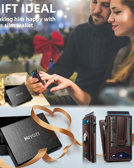 miyozi Airtag Wallet for Men Money Clip 9-Card Pop-Up Credit Card Holder with ID Window RFID Blocking Metal Case Magnetic Closure Front Pocket Wallet Gift Box