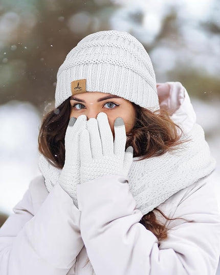 Winter Beanie Hat Scarf Gloves, Warm Fleece Knit Hats Touch Screen Gloves Neck Scarf Set Winter Gifts for Unisex Adult