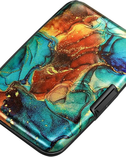 ELFISH Mini RFID Aluminum Wallet Credit Cards Holder Business Card Case Metal ID Case for Men Women（Blue Brown Marble