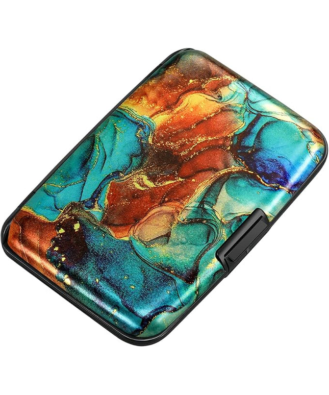 ELFISH Mini RFID Aluminum Wallet Credit Cards Holder Business Card Case Metal ID Case for Men Women（Blue Brown Marble