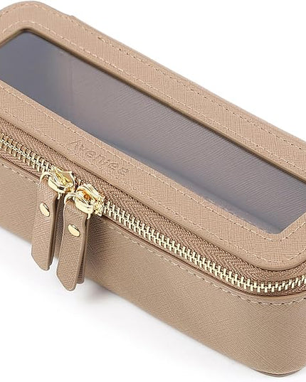 Aveniee Clear Makeup Brush Bag, Slim Cosmetic Brush Holder, Small Travel Toiletry Bag for Women, Thin Make up Bags with Dual Zipper, Mini Travel Essentials Organizer - Taupe