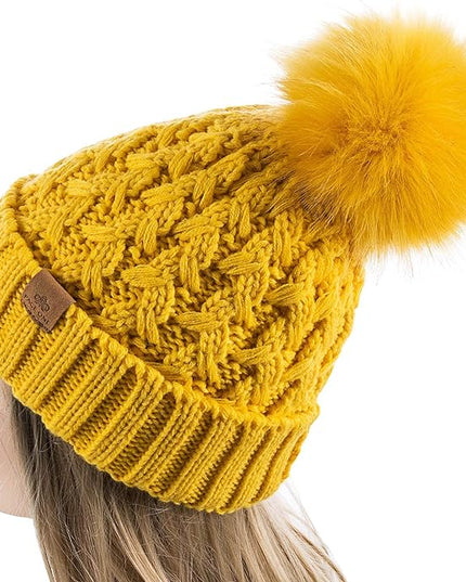 PAGE ONE Womens Winter Ribbed Beanie Crossed Cap Chunky Cable Knit Pompom Soft Warm Hat