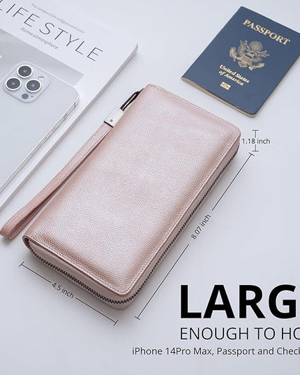 Bveyzi Women RFID Blocking Wallet Leather Zip Around Phone Clutch Large Capacity Ladies Travel Purse Wristlet | RFID Blocking, Zip Around, Large Capacity