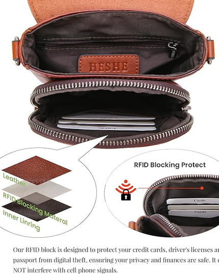 HESHE Leather Small Crossbody Bags for Women RFID Blocking Cell Phone Purse Anti-Theft Travel Bag with wide Straps