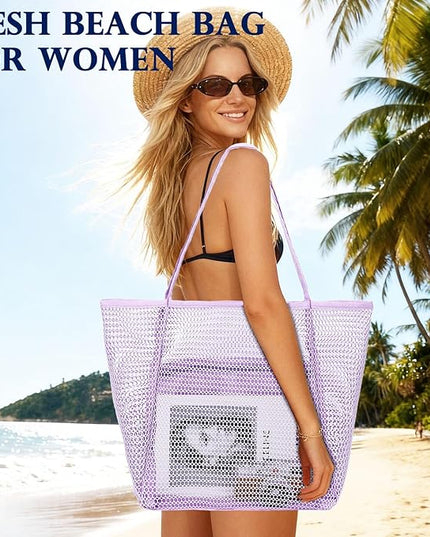 Mesh Beach Bag, Large Beach Tote with Zipper Pocket, Toys Pool Bag for Family Travel Vacation Cruise Essentials