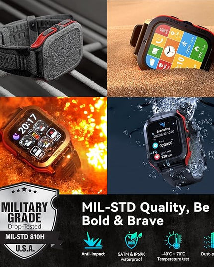 AMAZTIM Smart Watch, 60 Days Extra-Long Battery, 50M Waterproof, Rugged Military Bluetooth Call(Answer/Dial Calls), 1.85" Ultra Large HD Display, AI Voice Assistant, Compatible for Android and iOS-Red