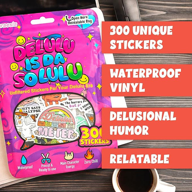 Delulu is Da Solulu by Puraesla - 300PCS Funny Holographic Stickers for Adults - Sarcastic Meme Decals for Friends,Co Workers Waterproof Vinyl for Laptop, Water Bottle, Journal