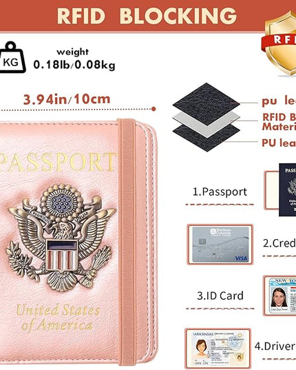 Passport Holder Cover Travel Wallet RFID Blocking Passport Wallets Family Organization Personalized Wallet Case for Men and Women Travel Must Haves(Rose gold)