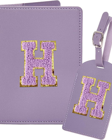 ULICO Initial Passport Cover and Luggage Tag Set,PU Leather Letter Passport Case Holder Travel Suitcase Tag, Personalized Travel Luggage Accessories Gifts for Women Kids Teenage Purple H