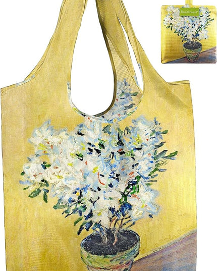 BeeGreen Oil Painting Flower Tote Bag - Large Reusable Grocery Bag, Polyester Grocery Bags Gifts for Women,Foldable, Washable, Packable with Handles & Pouch for Shopping, Beach, Work, Summer