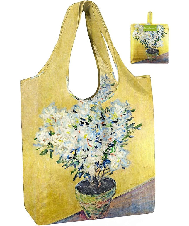 BeeGreen Oil Painting Flower Tote Bag - Large Reusable Grocery Bag, Polyester Grocery Bags Gifts for Women,Foldable, Washable, Packable with Handles & Pouch for Shopping, Beach, Work, Summer