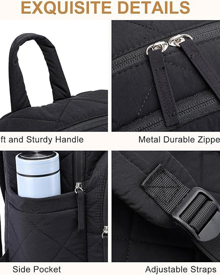 College Laptop Backpack, School Backpack for Girls Boys, Quilted Casual Daypack, Water-Resistant Bookbag for 15.6 Inch Laptop, Black